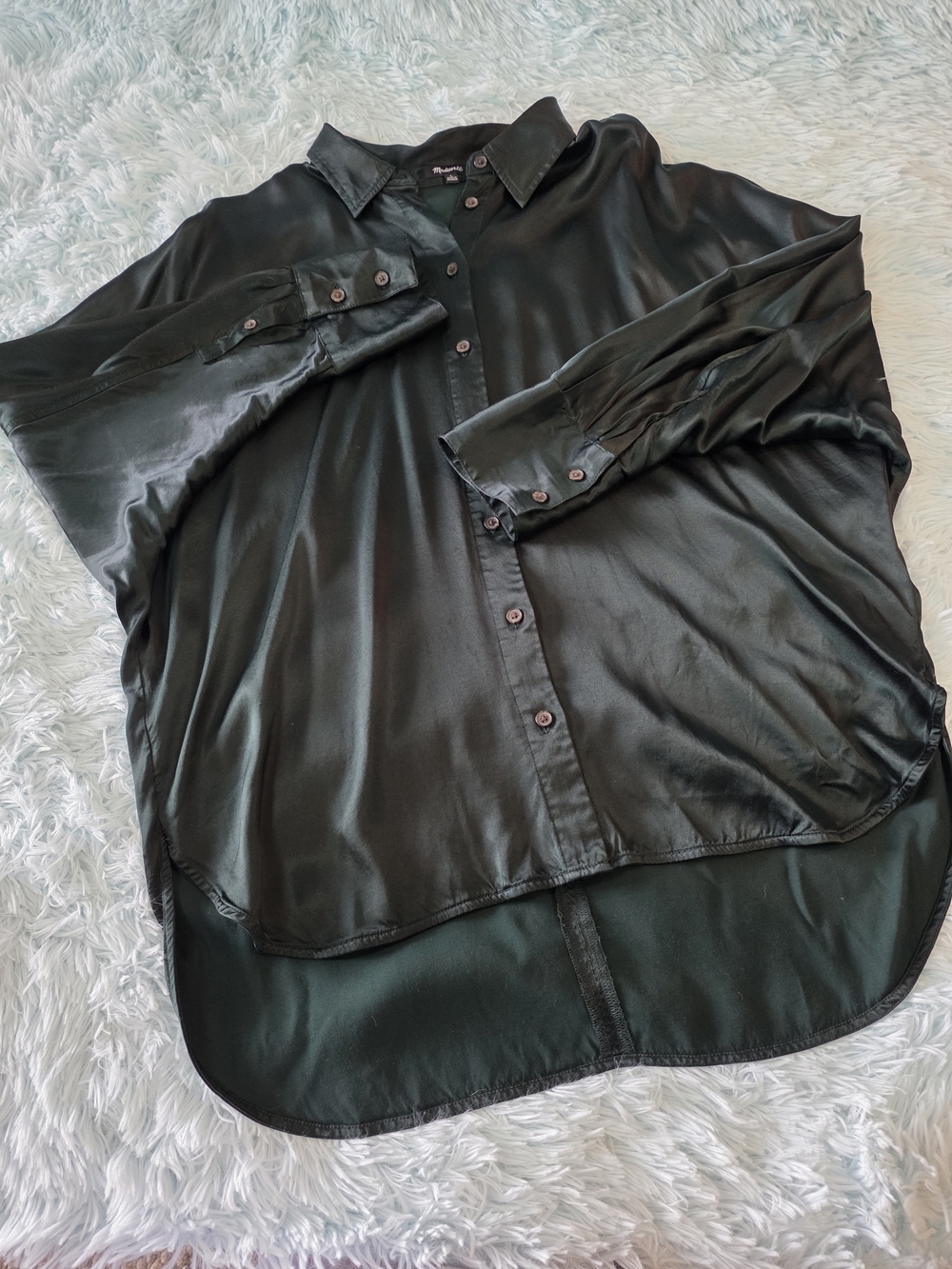 Madewell Relaxed Dolman Button-Up Shirt in Satin - Green- Size L